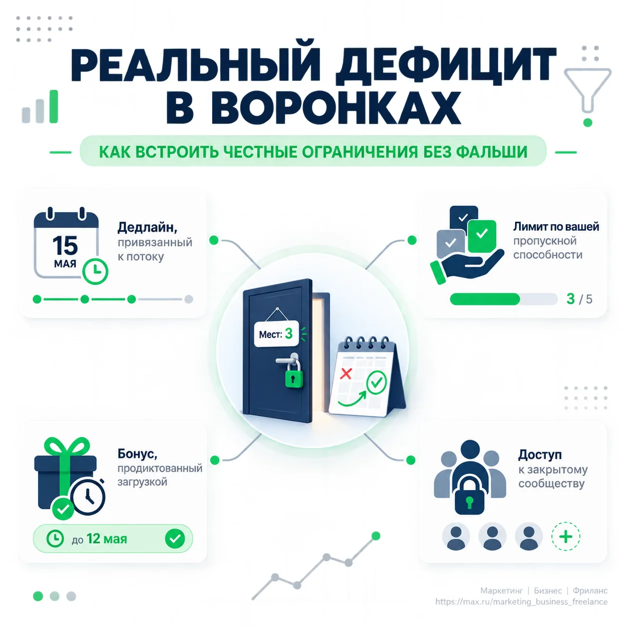 Примеры интеграции реальных дедлайнов и ограничений мест в продуктовые воронки без созд...