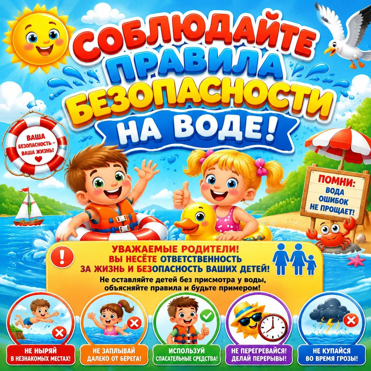 ☀️ Лето без бед: правила безопасности на воде для детейУважаемые родители! 
☀️Лето — прекрасное врем