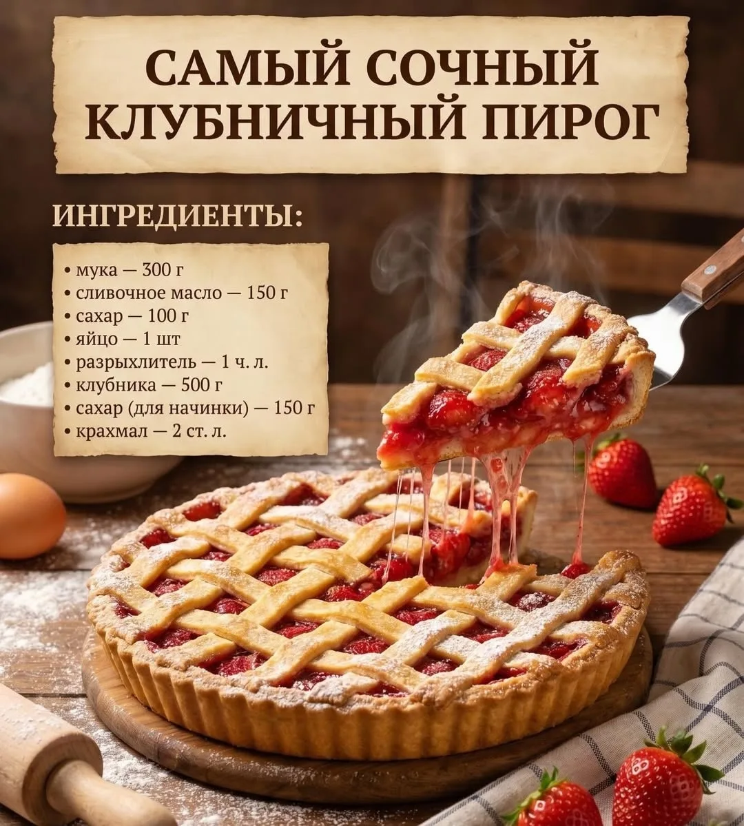 КЛУБНИЧНЫЙ ПИРОГ

Пирог исчезает со стола за минуты
хрустящая корочка, сочная начинка — идеальный ле