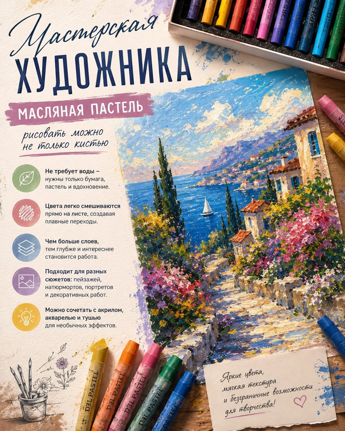 🎨 Мастерская художника
Масляная пастель — рисовать можно не только кистью
Масляная пастель — удивит