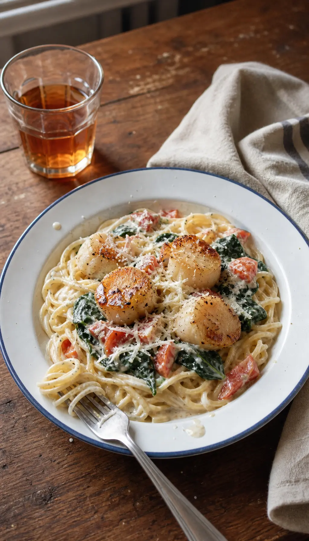 Паста с гребешками в сливочном соусе
Ингредиенты:
гребешки — 300 г
помидор — 100 г
чеснок — 2 зубчик
