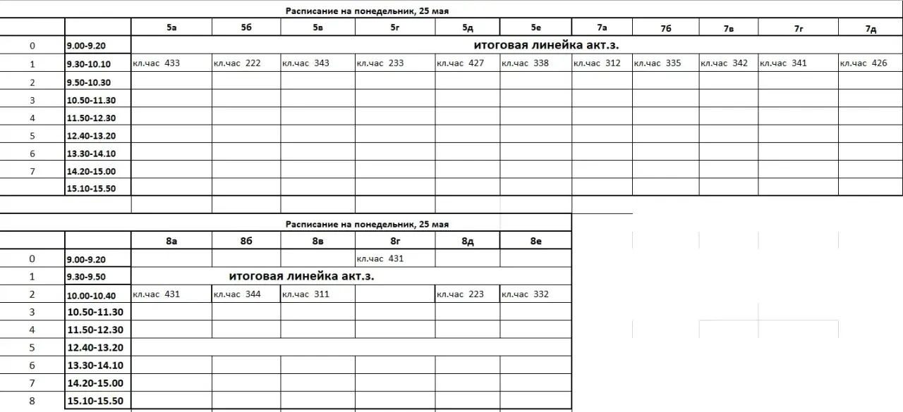 Расписание классных часов понедельник, 25 мая