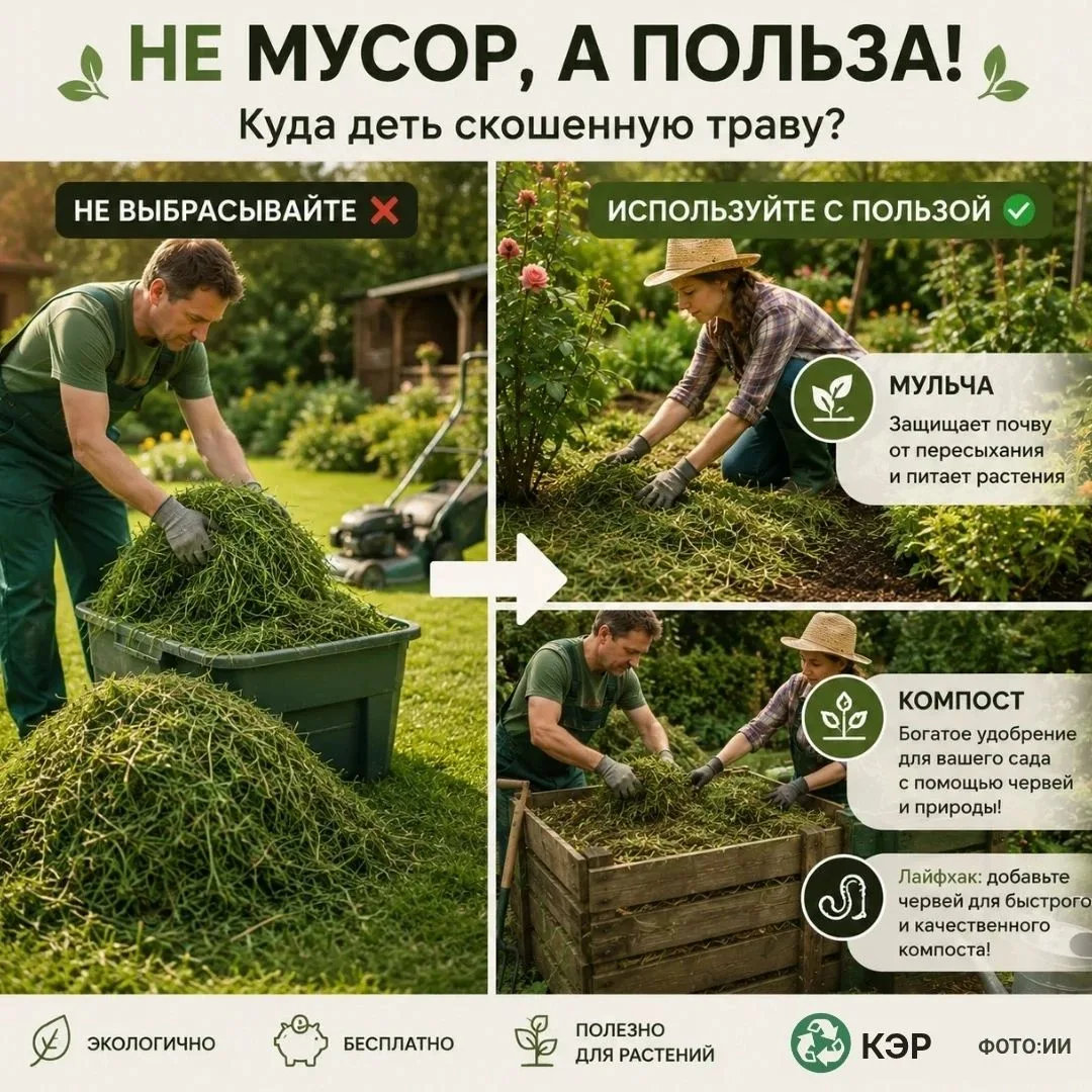 Куда деть скошенную траву? 🤔🌱

Не спешите отправлять её в мусор! Скошенная трава — это ценный прир