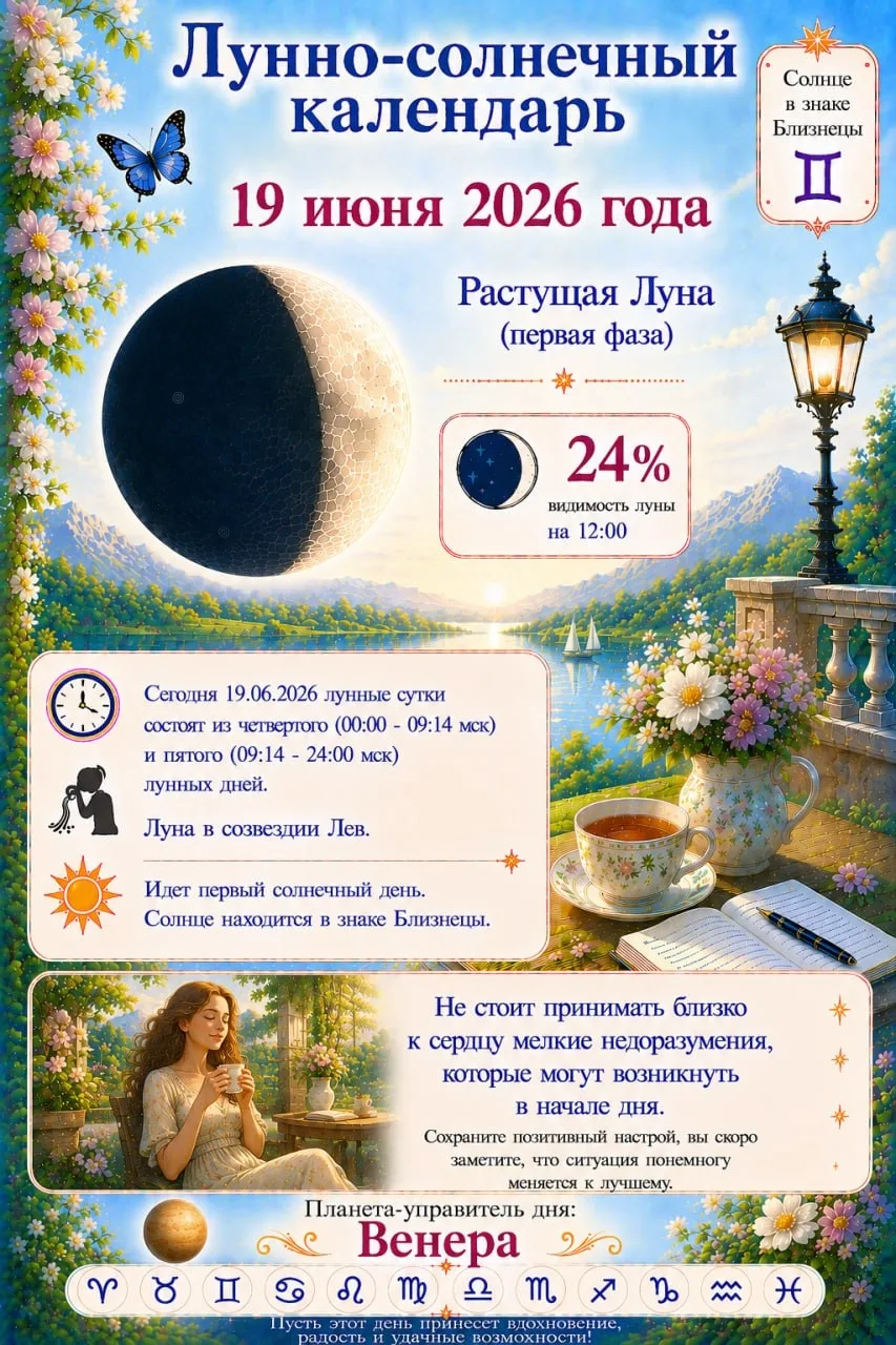 💫 19 июня...
Лунно-солнечный календарь.
 🌠🔭⭐️🔭🌠


❤️ Фабрика Поздравлений

☀️✨🟢✨☀️

❗️ НАШ КАН