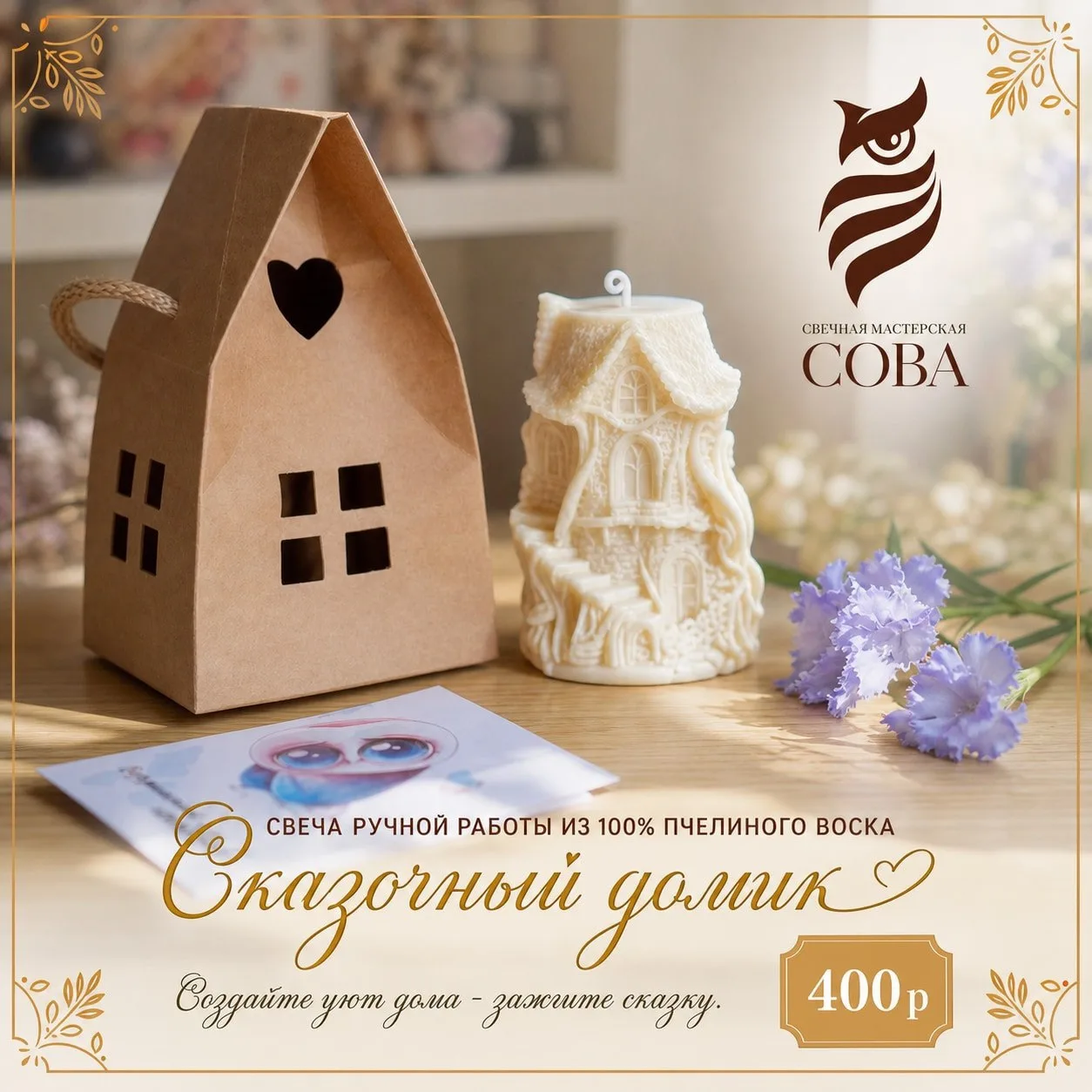 «Сказочный домик» — свеча из 100% пчелиного воска. Видна каждая деталь — мох на стенах,...