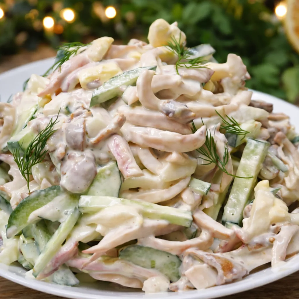 Салат с кальмарами отличается нежной текстурой и сбалансированным вкусом. Он получается сочным, лёгк