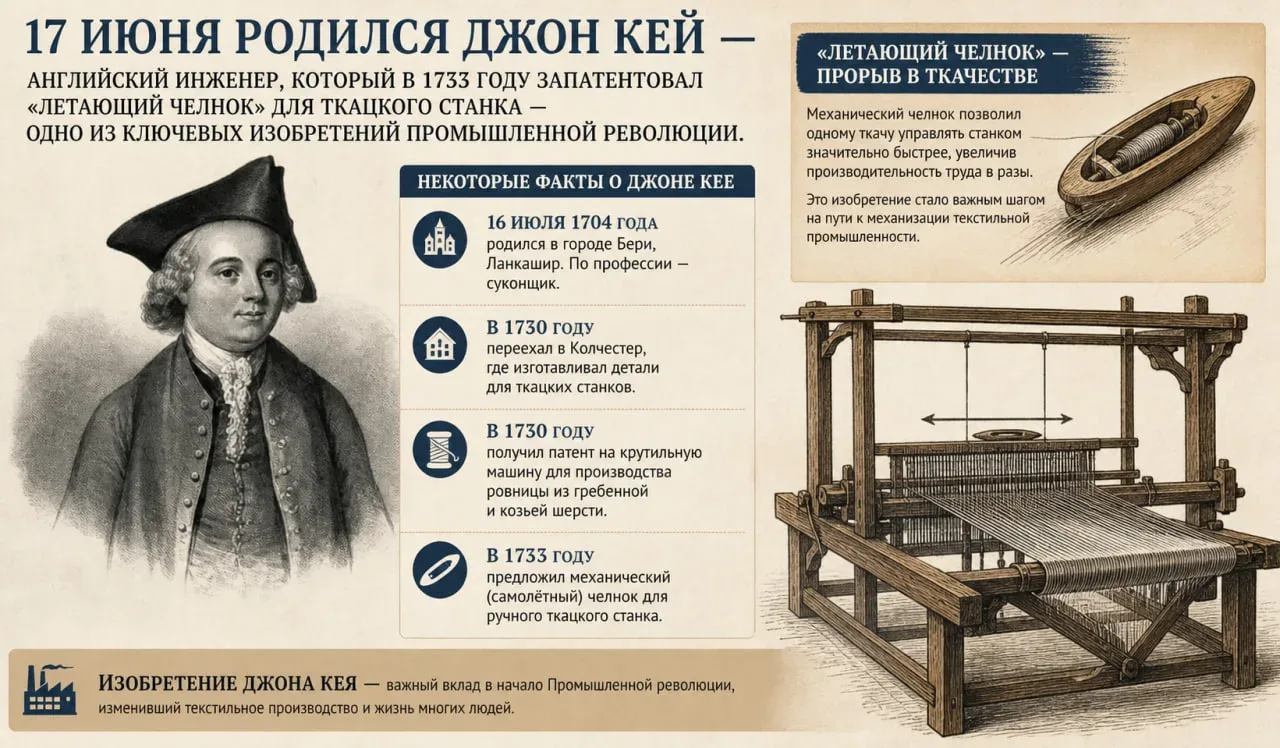 17 июня родился Джон Кей — английский инженер, который в 1733 году запатентовал «летающий челнок» дл