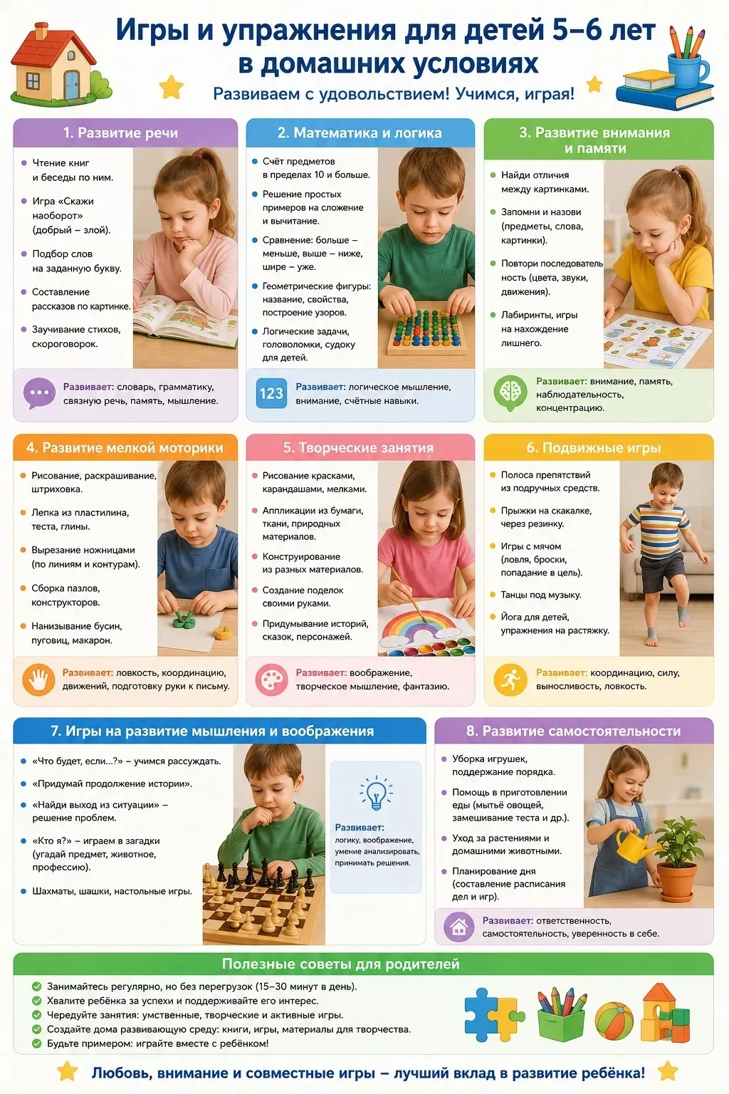 💯Для детей 5 - 6 лет игры и упражнения дома помогают подготовиться к школе, развивать речь, память 
