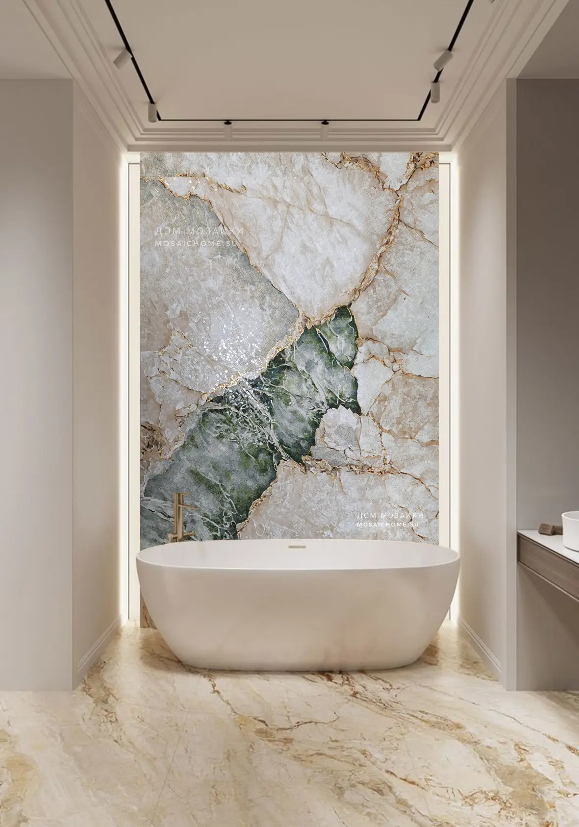 Панно из стеклянной мозаики "Срез камня" в интерьере ванной комнаты 

 ©️ Copyright MosaicHome 
Рахм