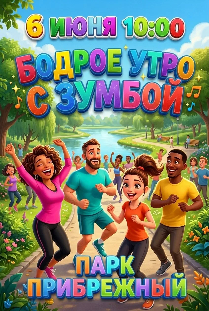 💃 6 июня в 10:00 — Бодрое утро с зумбой в Парке Прибрежном!

Начни субботу так, чтобы заряда хватил