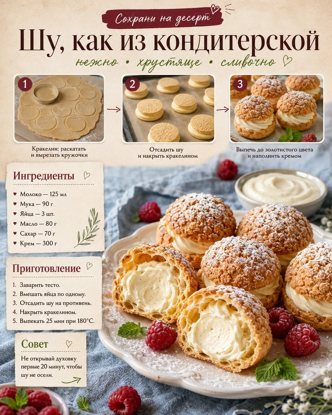 Десерт, который выглядит как из кондитерской 😍

Шу с кракелином — это нежные заварные пирожные с хр