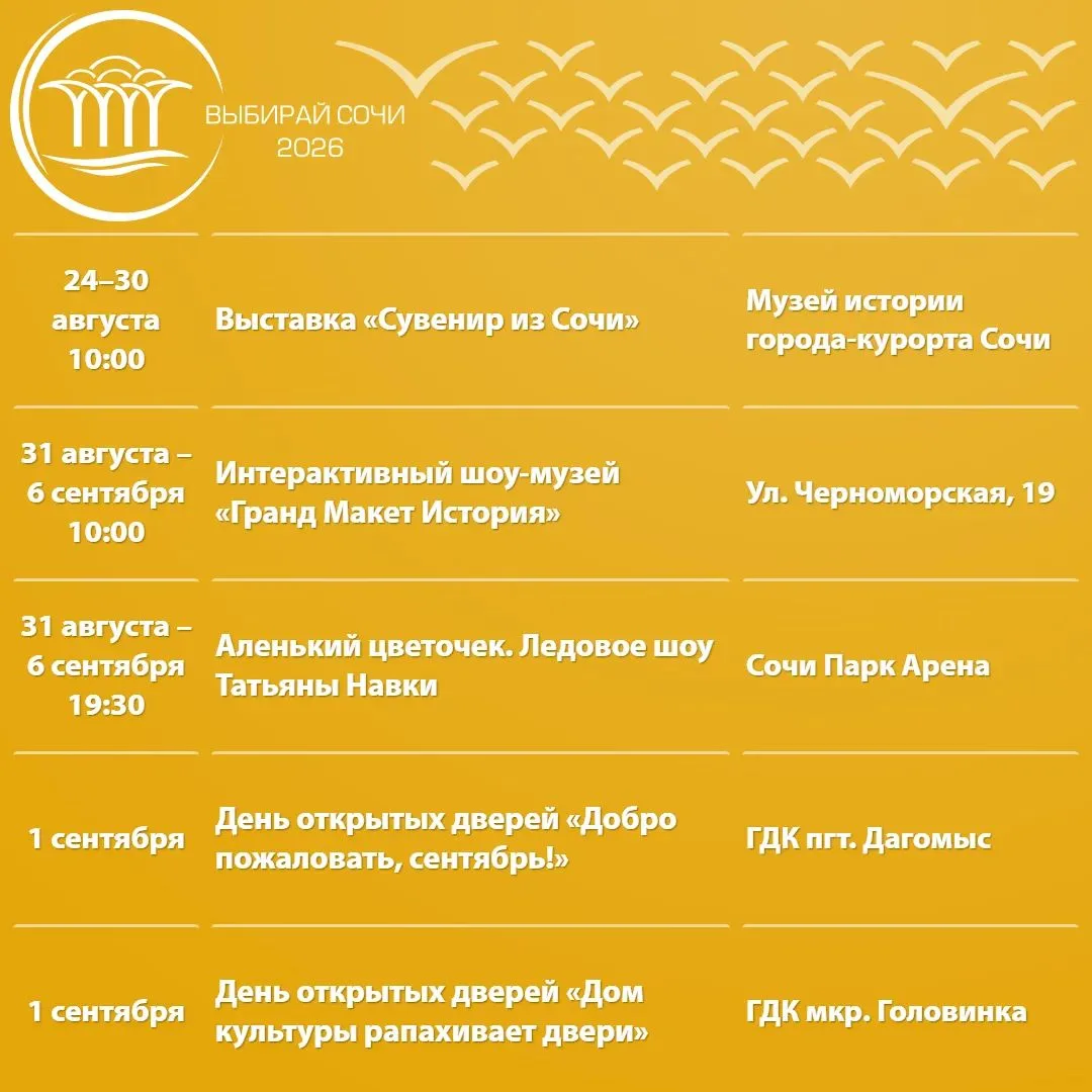 🎭 Афиша культурных и досуговых мероприятий в Сочи с 31 августа по 6 сентября