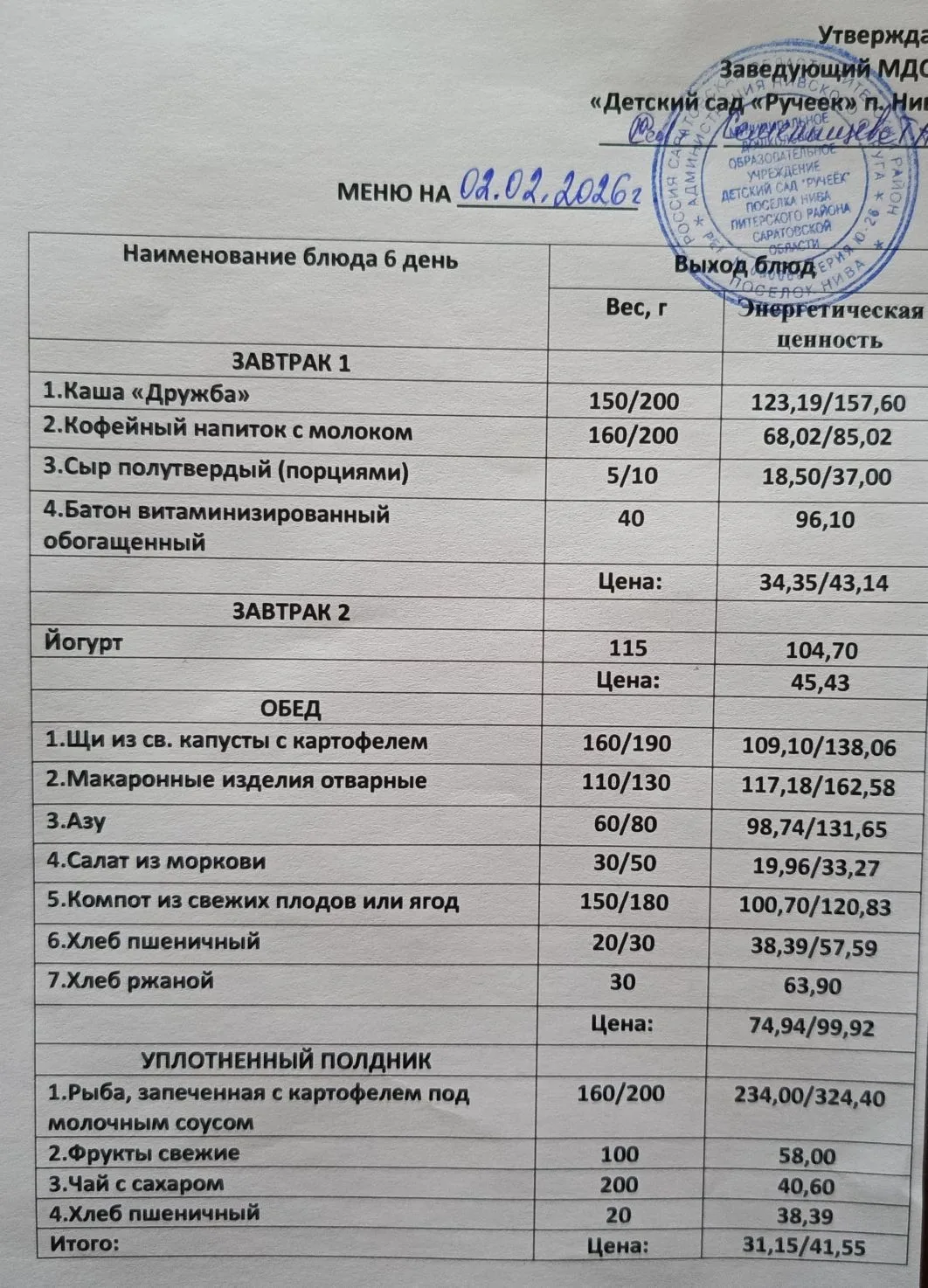 Меню на 02.02.2026г.