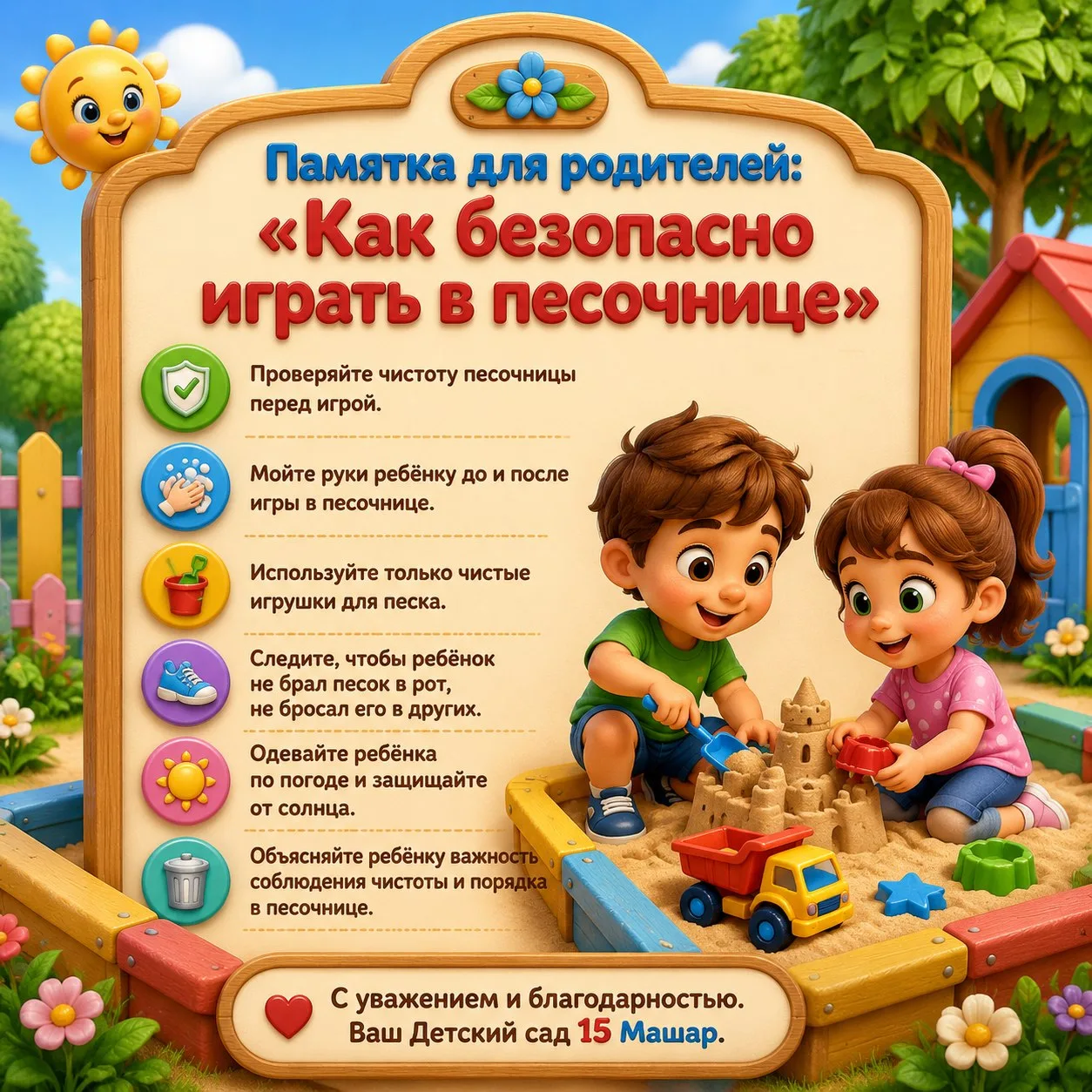 Памятка для родителей: «Как безопасно играть в песочнице»

Песочница — это не просто место для игр, 