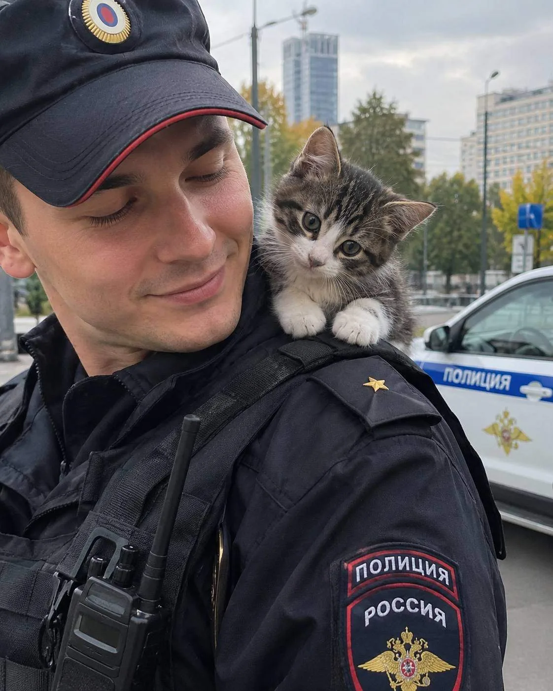 🐈‍⬛ Котёнок сам выбрал себе хозяина — и залез прямо на плечи полицейскому