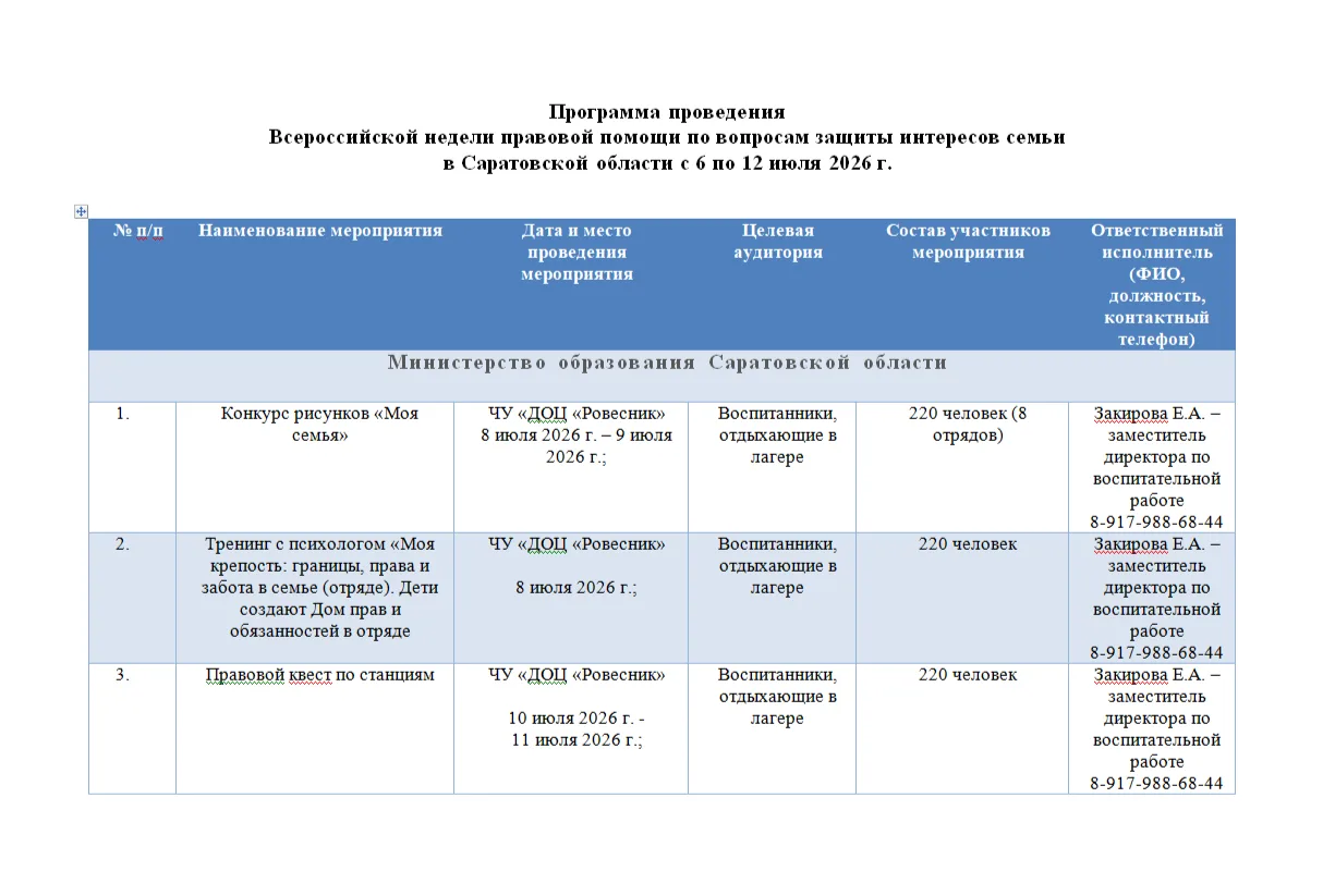 Программа проведения Всероссийской недели правовой помощи по вопросам защиты интересов семьи в Сарат