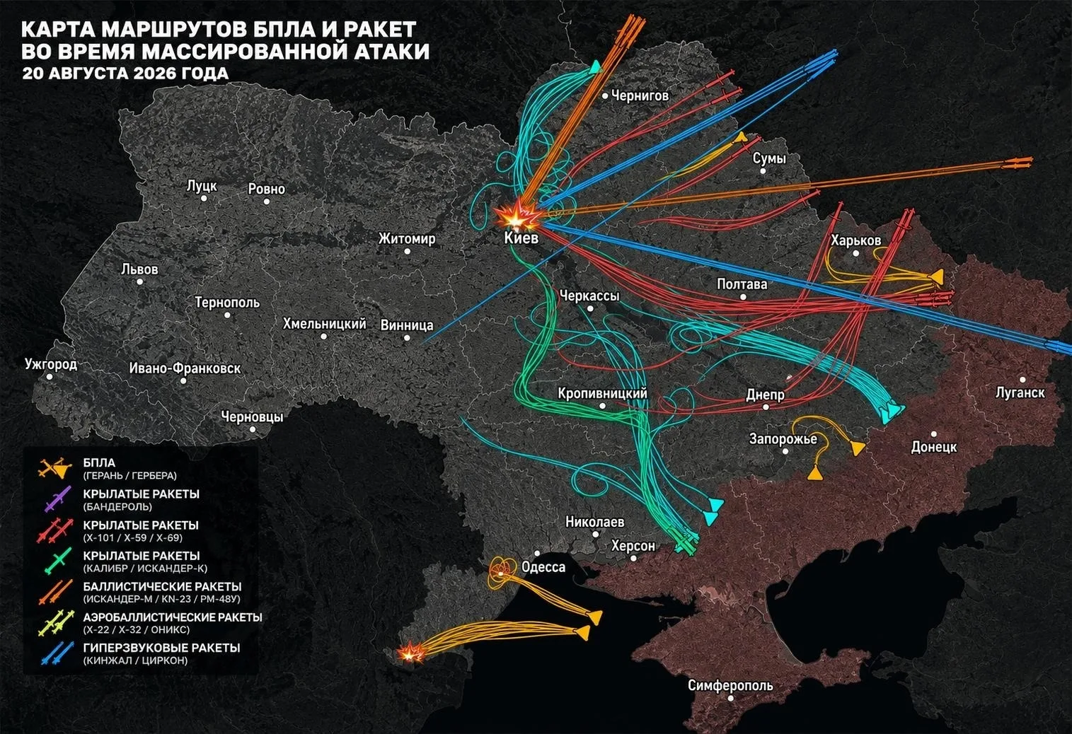 К разговору о том, достаточно ли эффективно атакуется Киев. На карте маршрутов БПЛА/рак...