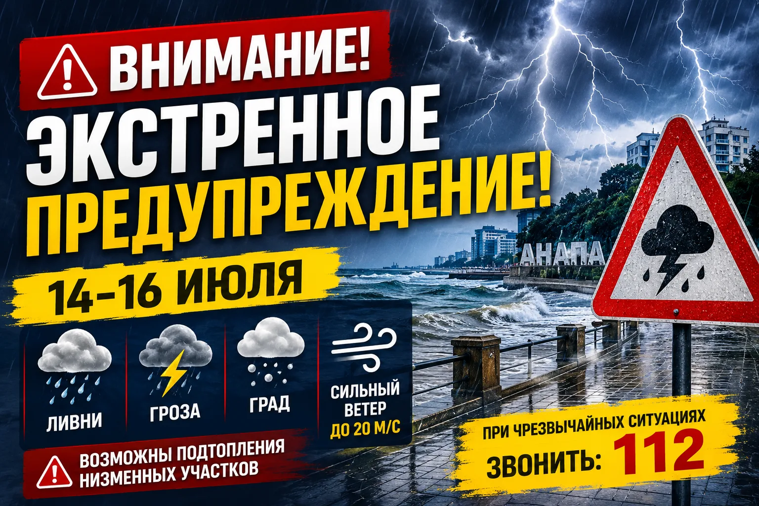 В Анапе объявили экстренное предупреждение из-за ливней, грозы и сильного ветра