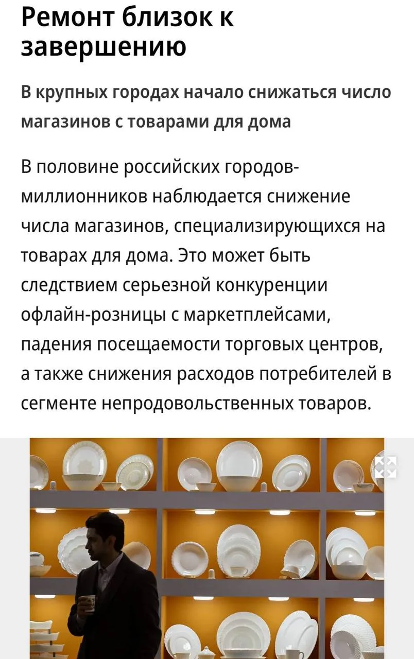 В крупных городах России сокращается число магазинов товаров для дома, пишет «Коммерсан...
