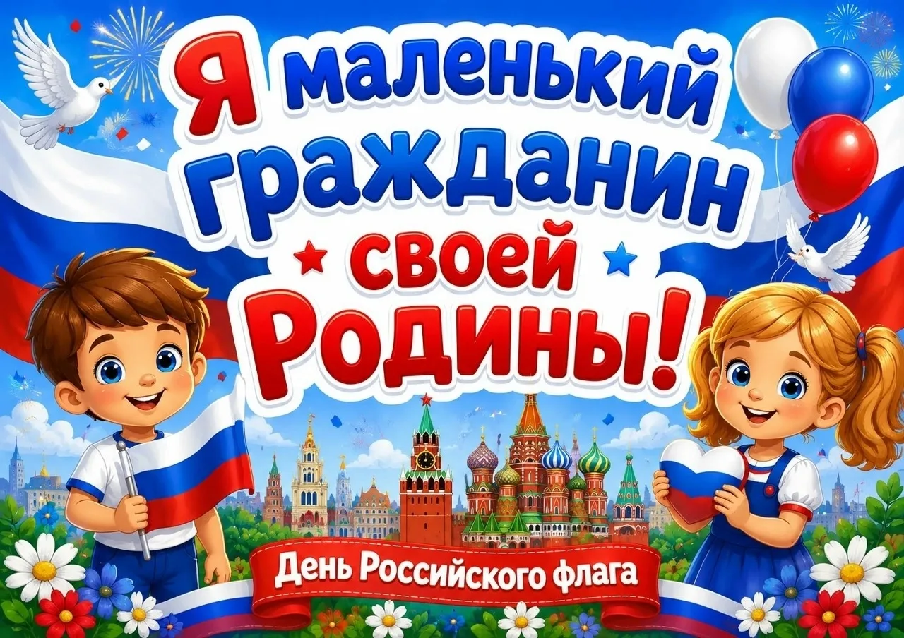 В детских ручках — маленький флажок.