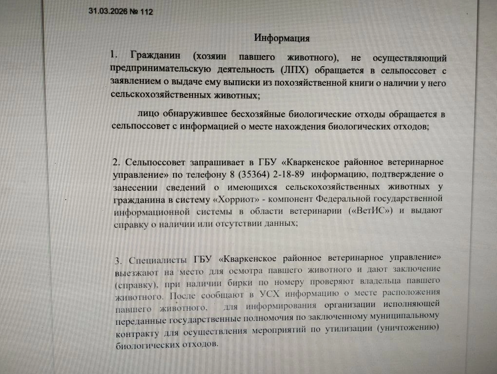 Добрый день. Информация касающаяся  в случае падежа скота в личных подсобных хозяйствах.