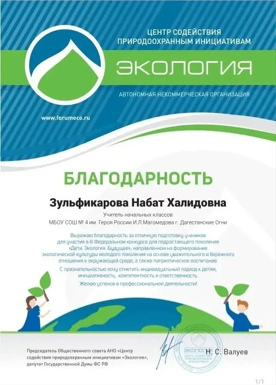 Благодарностью за участие в Федеральном конкурсе для подрастающего поколения "Дети. Экология.Будущее