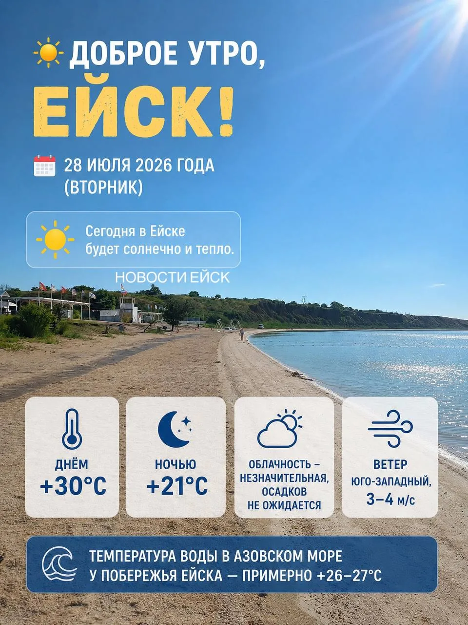 ☀️ Доброе утро, Ейск!

🗓️Сегодня, 28 июля 2026 года (вторник), в городе будет солнечно и тепло. Днё