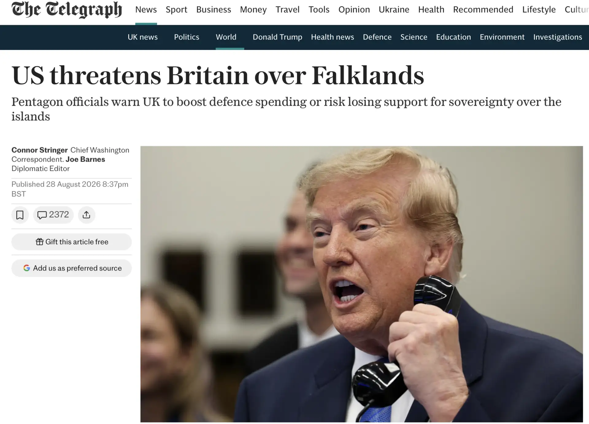 «США угрожают Британии в связи с Фолклендами»! Это сегодня вопит The Daily Telegraph пр...