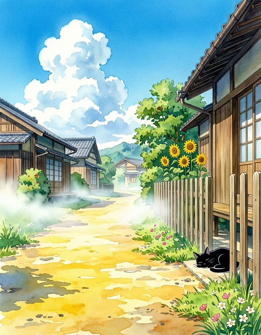 Hayao Miyazaki art style Studio Ghibli animation style, hot summer midday in a rural Japanese villag
