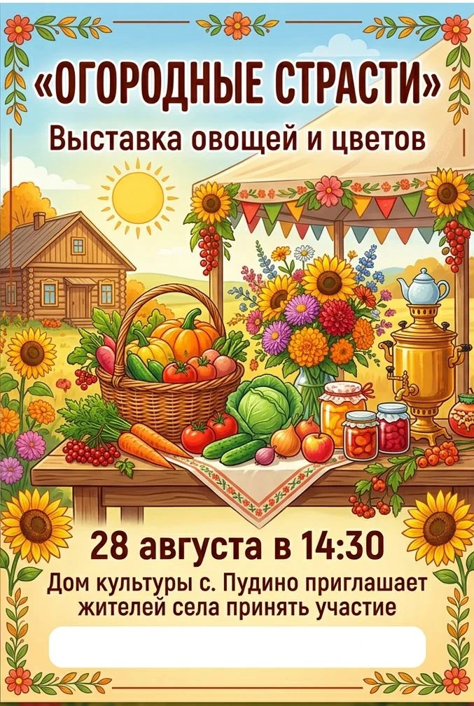 🍇 28 августа в 14:30 в Доме культуры с.Пудино пройдет выставка овощей и цветов, собран...