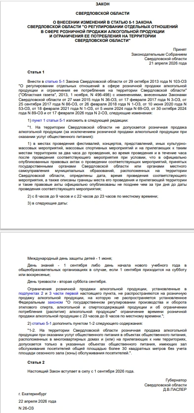 С 1 сентября 2026 года вступают новые правила продажи алкогольной продукции в Свердловс...