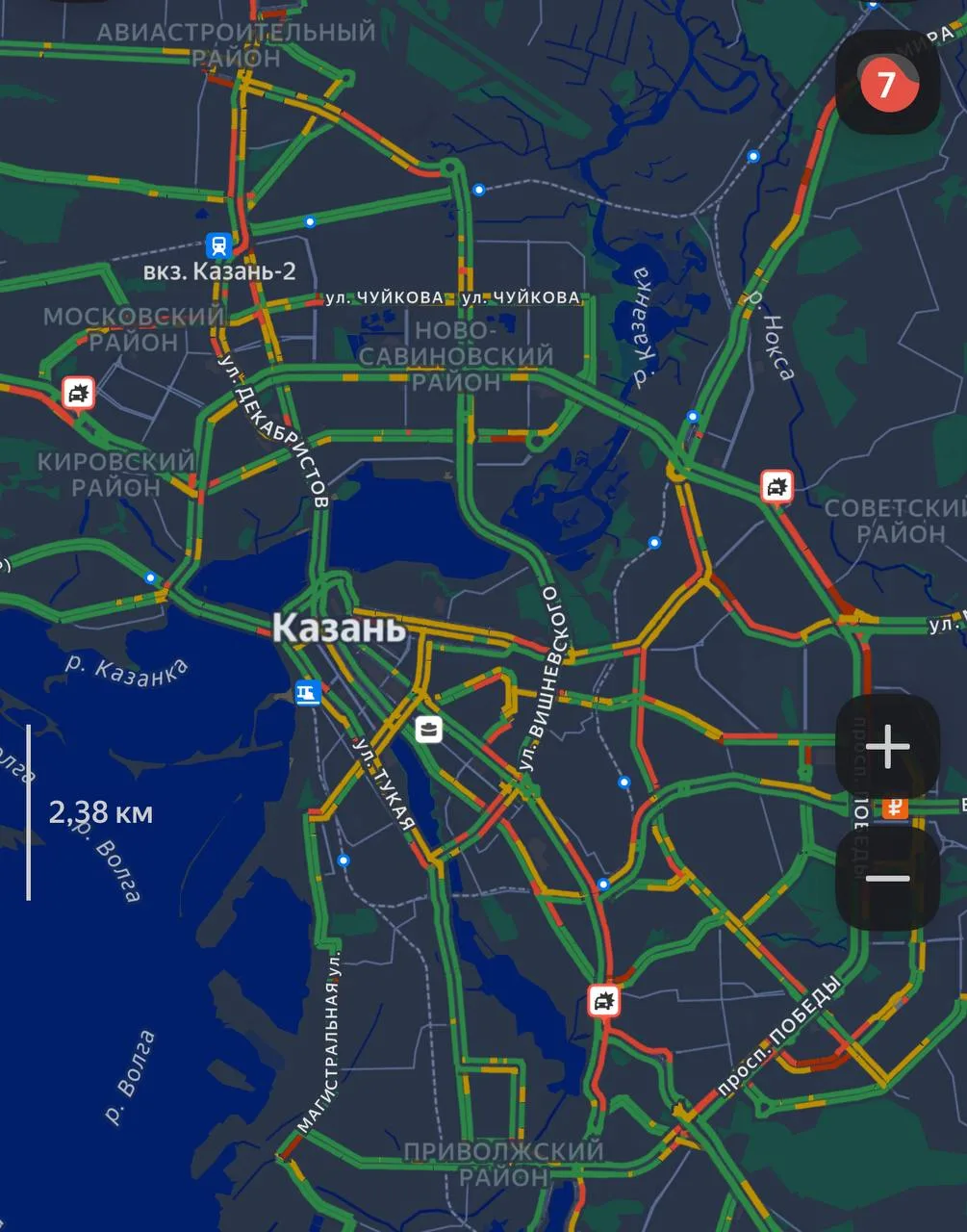 ⛔️ Утром в Казани пробки уже достигли 7 баллов — движение затруднено почти во всех райо...
