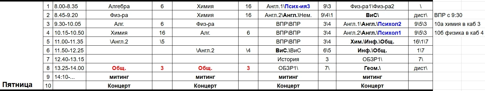 Расписание уроков на завтра (пятница):