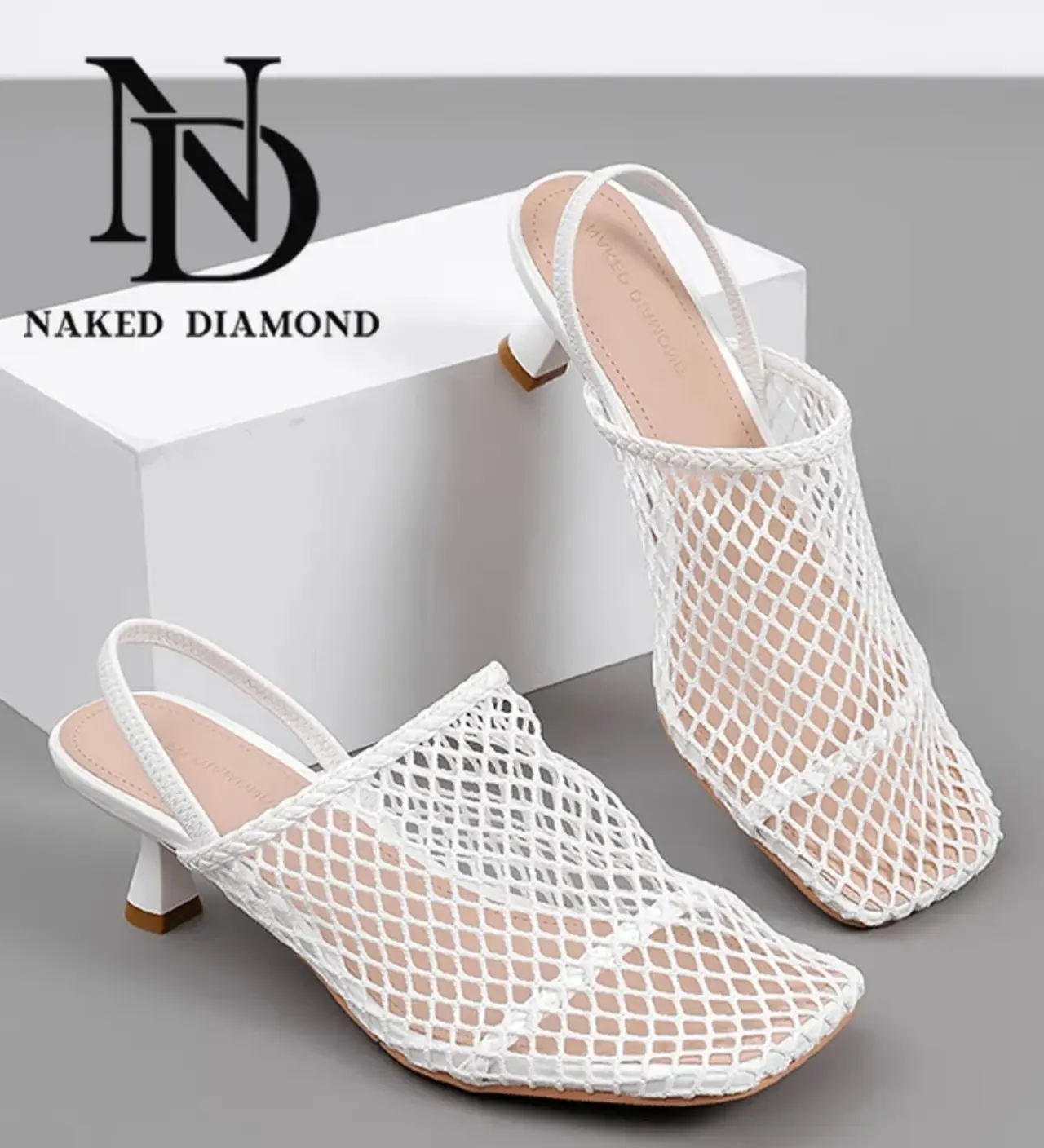 🛒 Босоножки мюли летние на каблуке сетка Naked Diamond