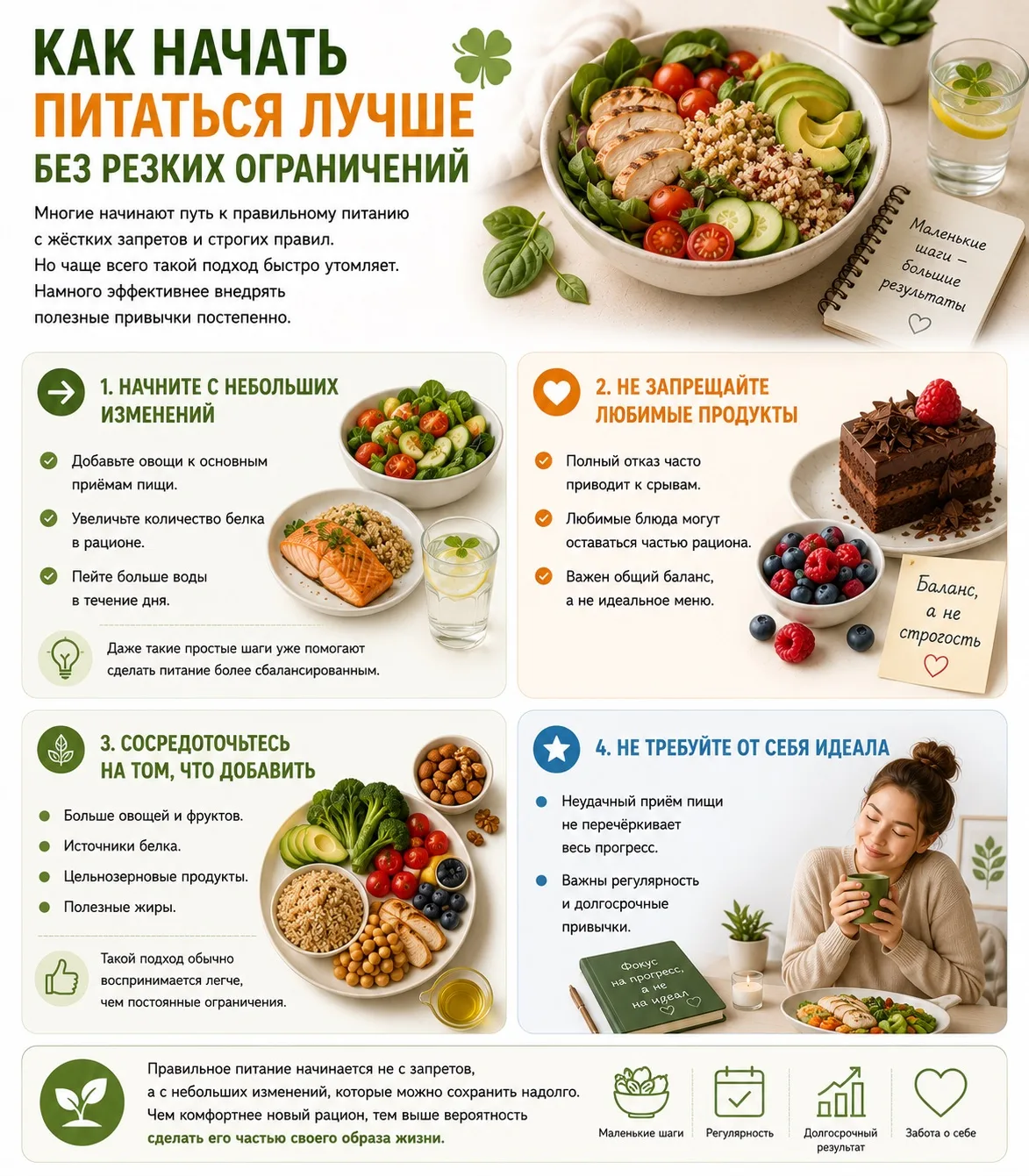 🍀 Как начать питаться лучше без резких ограничений 

Многие начинают путь к правильному питанию с ж