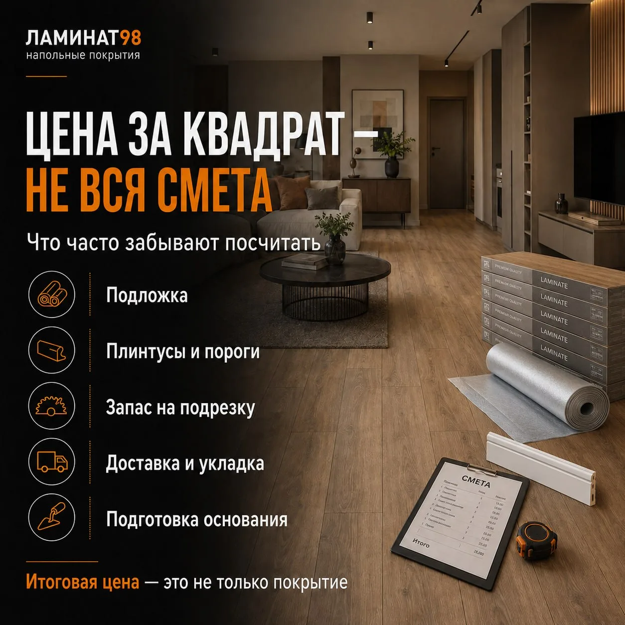 💸 Разбираем смету: почему «цена за квадрат» почти никогда не равна итоговой стоимости ламината?

Пр
