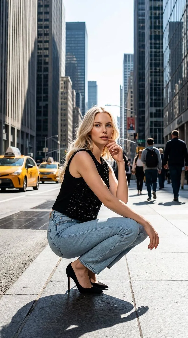 Уличный глам 😍  Ultra-realistic editorial street portrait in an urban environment with towering buil