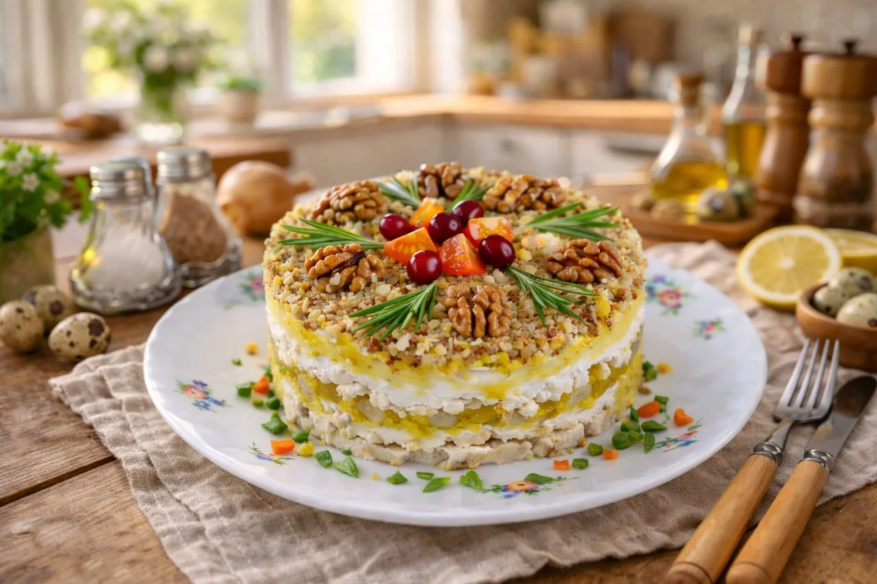 САЛАТ С КУРИЦЕЙ, СЫРОМ И ГРЕЦКИМИ ОРЕХАМИ
