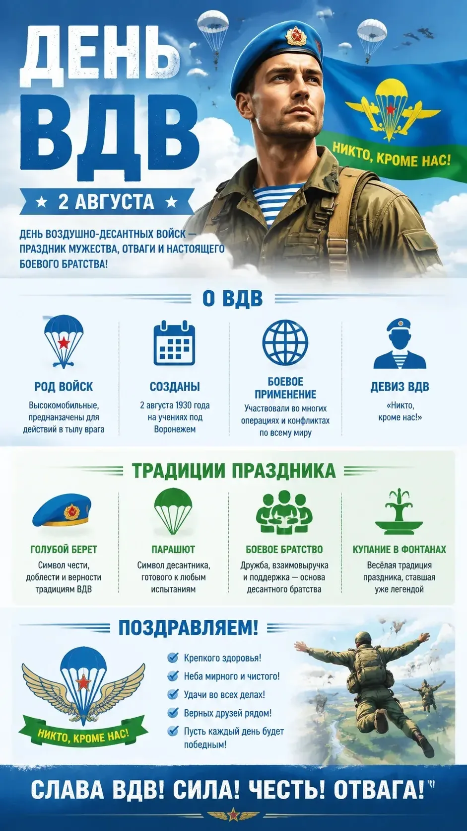 ✔️2 августа — День ВДВ! 🛩️💙
Сегодня свой праздник отмечают те, кто всегда там, где опасно. Те, кто