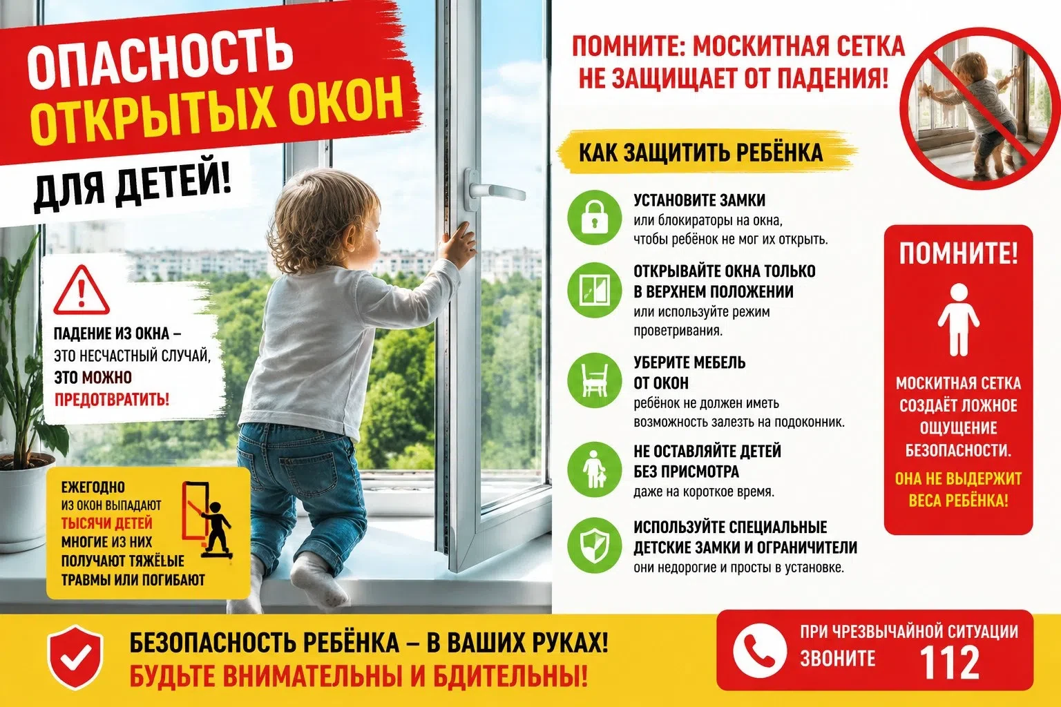 🚨Открытое окно: невидимая угроза для ребёнка🏡

Лето — время проветриваний, но для семей с детьми о