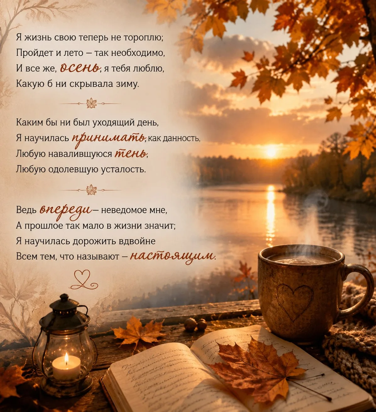 Для души

Я жизнь свою теперь не тороплю;
Пройдет и лето — так необходимо,
И все же, осень, я тебя л