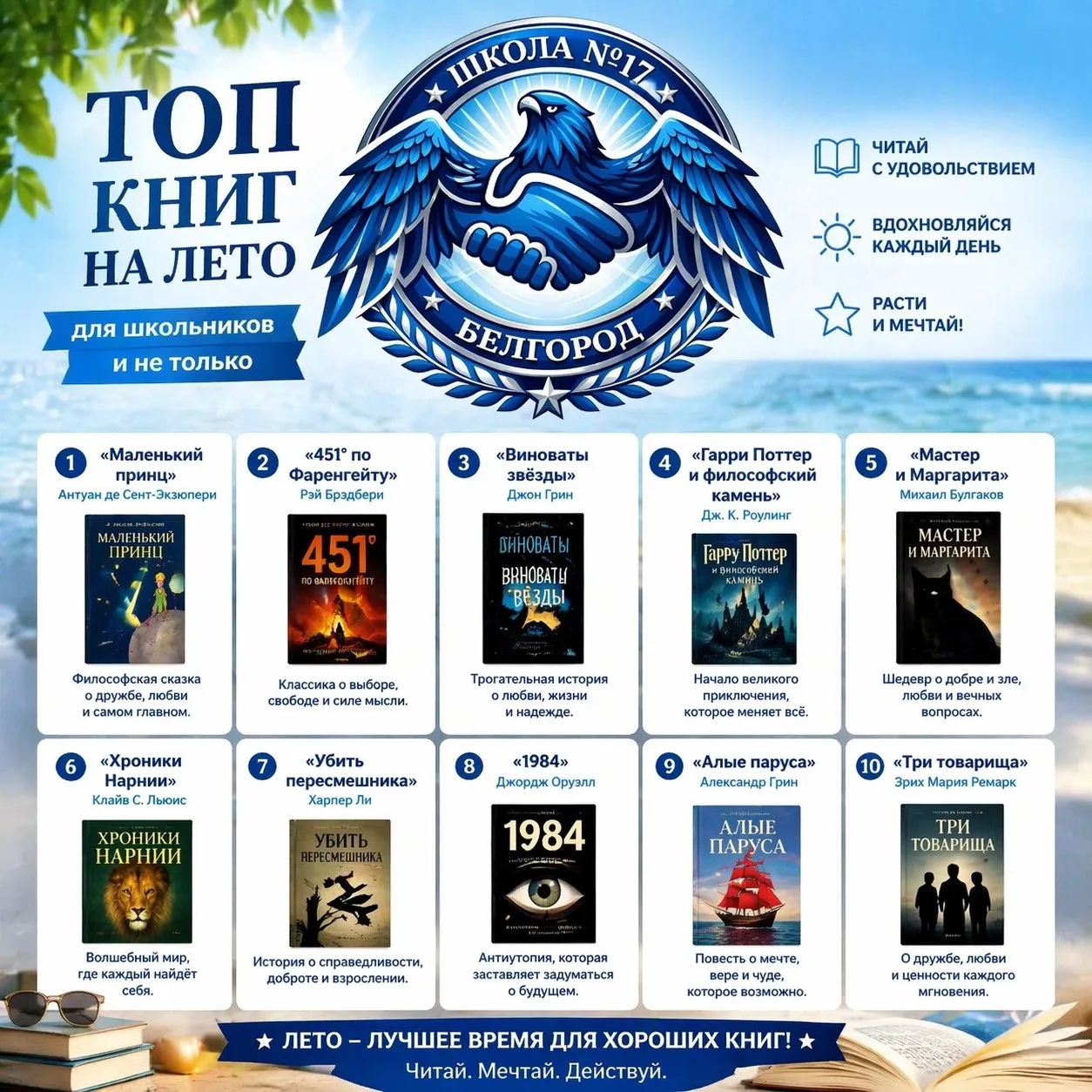 📘 Лето — время для чтения! Подготовили для вас полезную карточку с топ-книгами, которы...