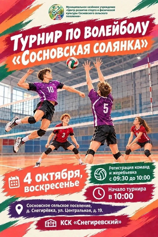 ⚡ В воскресенье, 4 октября, состоится турнир по волейболу «Сосновская солянка».