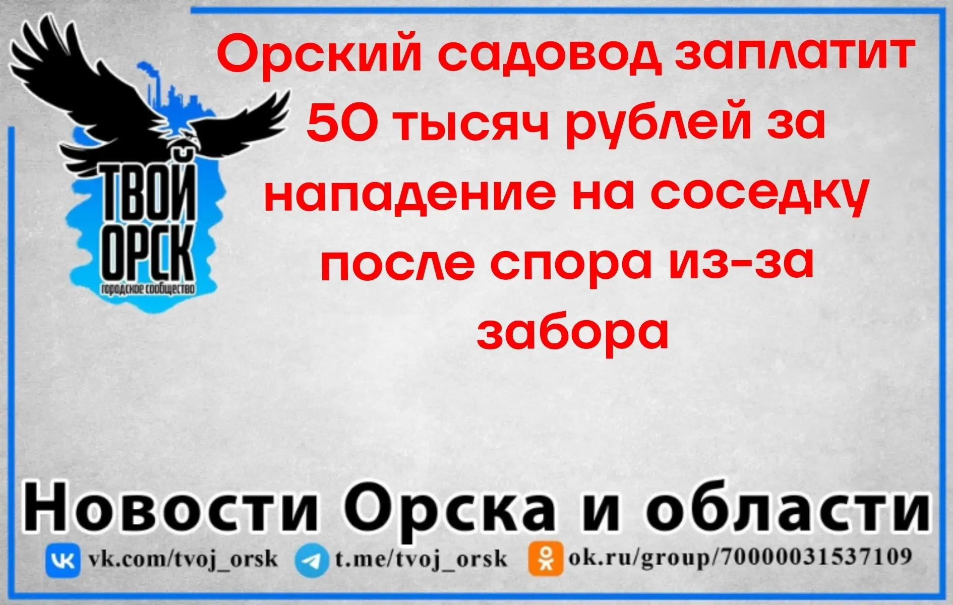 Орский садовод заплатит 50 тысяч рублей за нападение на соседку после спора из-за забор...