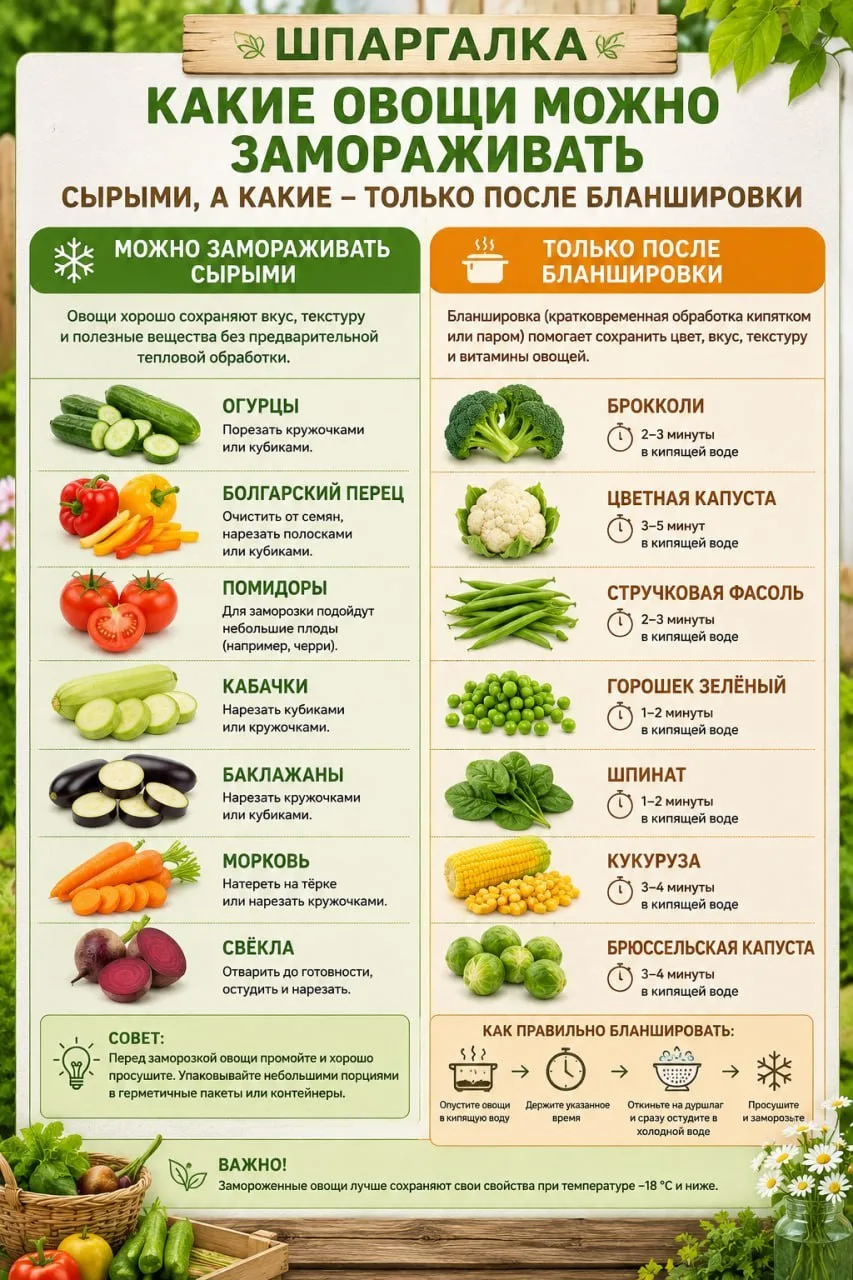 🧊 Не все овощи замораживаются одинаково

Одни отлично сохраняют вкус и текстуру в сыром виде, а дру