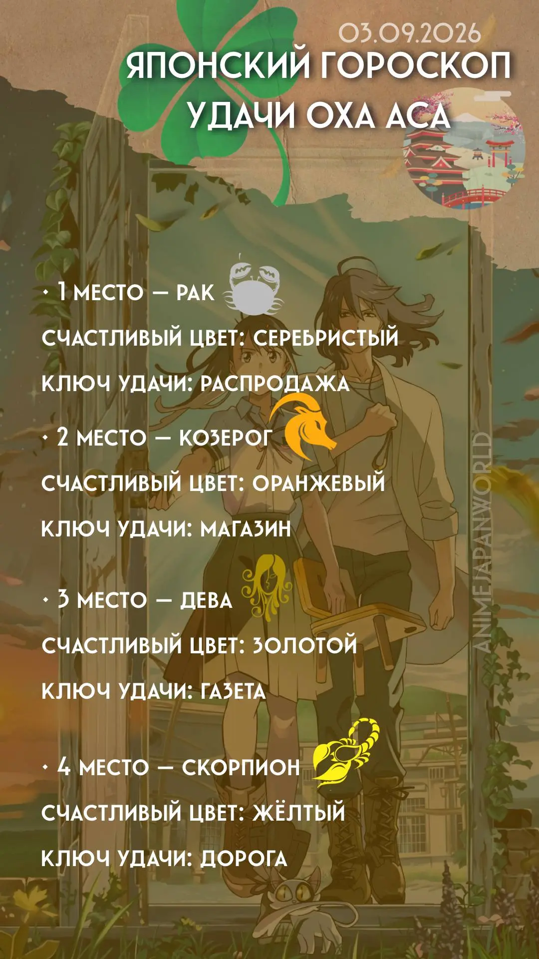 • Японский гороскоп удачи  на сегодня (03.09.2026) 🏯 Всем хорошего дня!