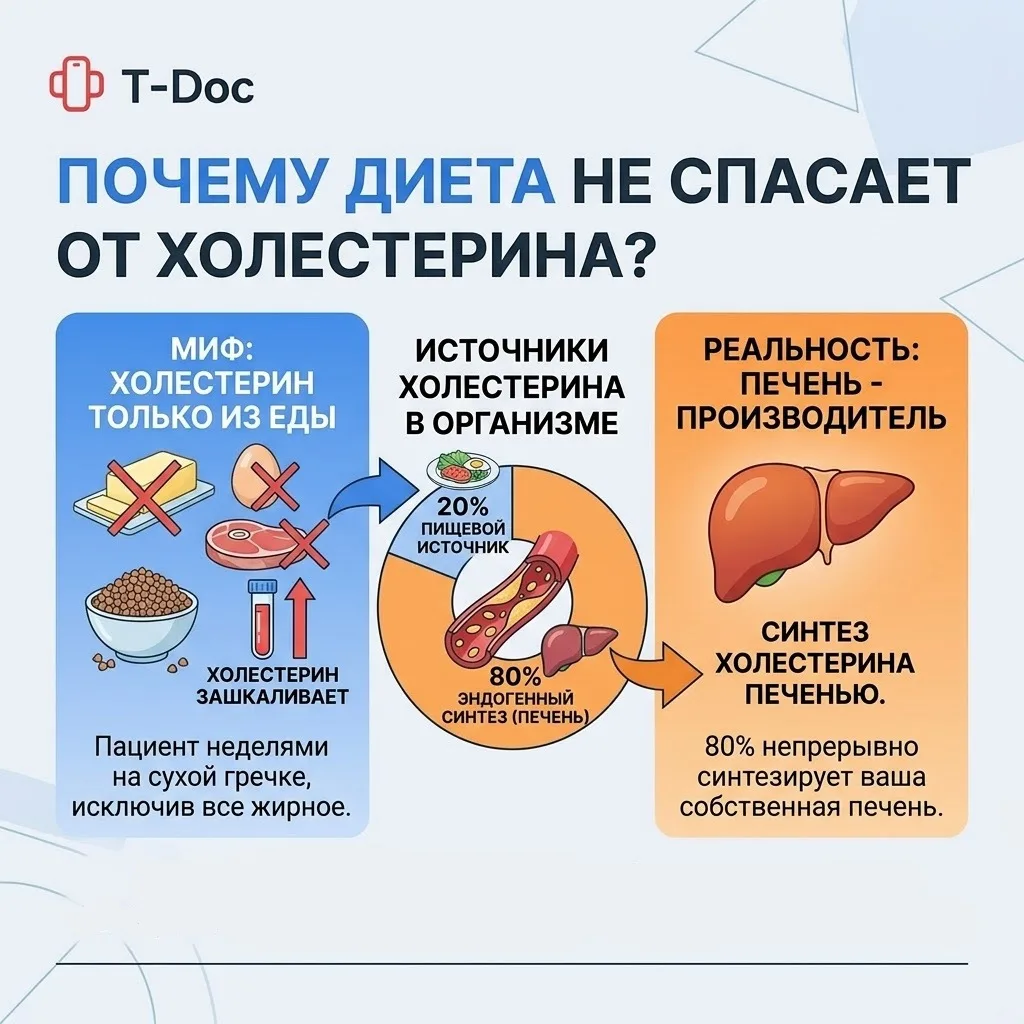 Почему диета не спасает сосуды?

Пациент полностью отказывается от сливочного масла, яиц и мяса, нед