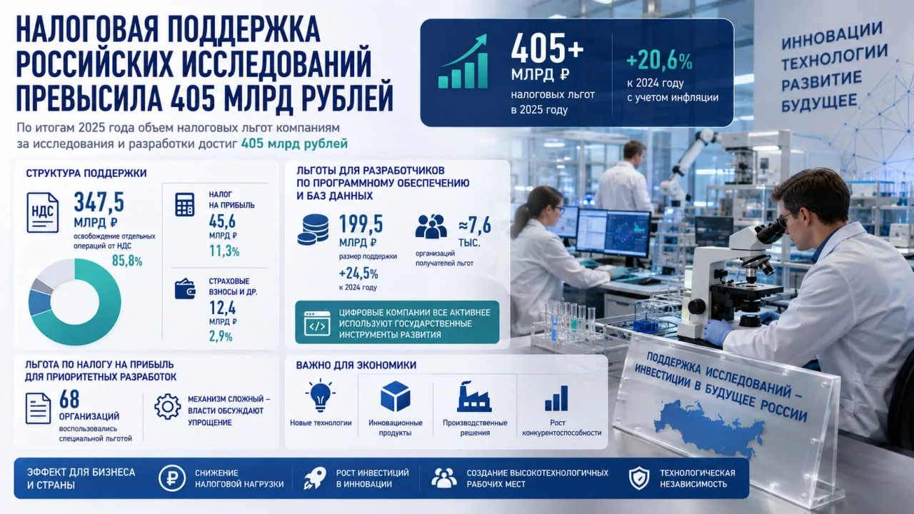 Налоговая поддержка российских исследований превысила 405 млрд рублей. Такой объем налоговых льгот б