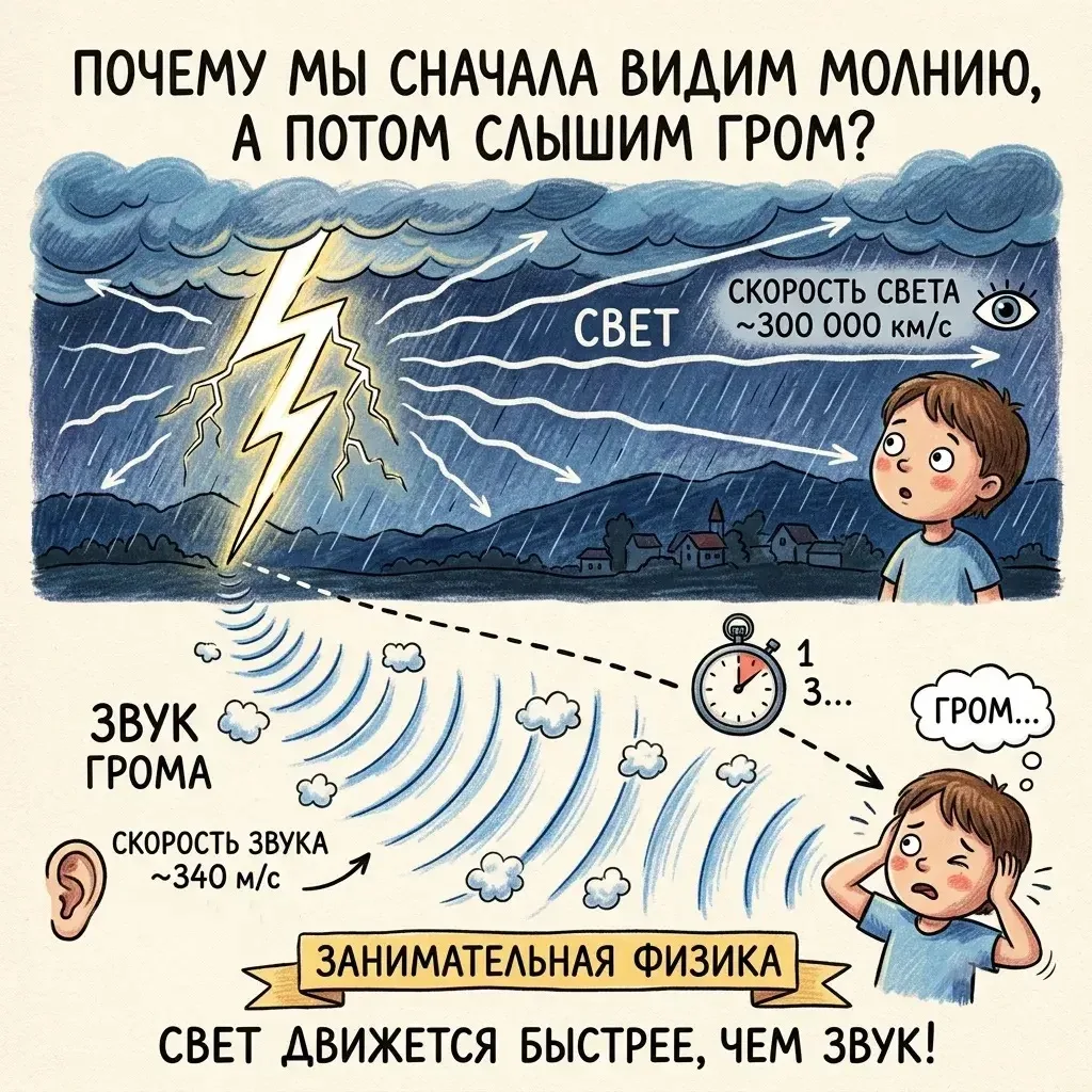 ⚡ ПОЧЕМУ МЫ СНАЧАЛА ВИДИМ МОЛНИЮ, А ПОТОМ СЛЫШИМ ГРОМ?