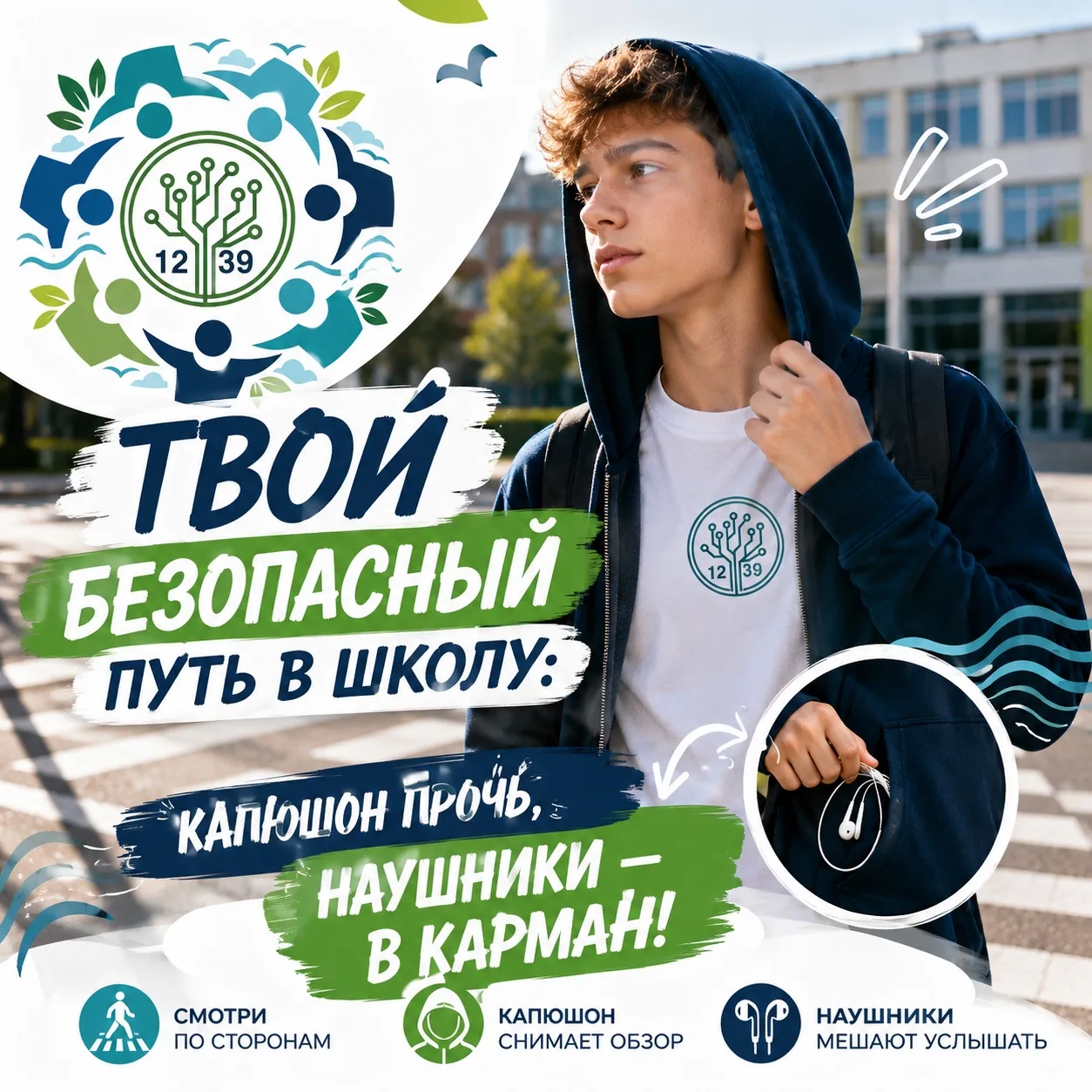 🚶‍♂️🚸 Твой безопасный путь в школу: капюшон прочь, наушники - в карман!

Сегодня мы хотим напомнит